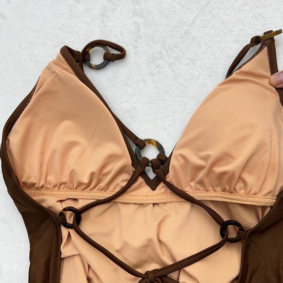 J.Crew O-Ring V-Neck One-Piece Swimsuit Women's 10 Brown Cheeky - Picture 9 of 9